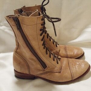 Bed Stu Light Tan Handcrafted Lace Up Sabre Boots with Side Zip